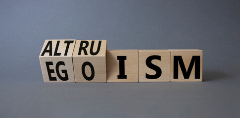 Altruism and Egoism symbol. Turned wooden cubes with words Egoism and Altruism. Beautiful grey background. Business, psychological and Altruism and Egoism concept. Copy space