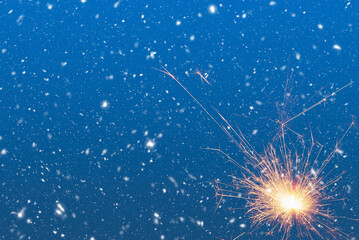 Burning sparkler on abstract snowy background. Happy new year. 3d illustration