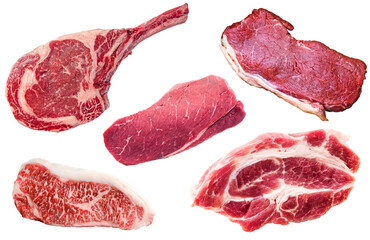Set of various uncooked beef stake isolated