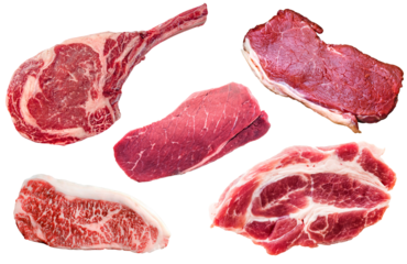 Set of various uncooked beef stake isolated