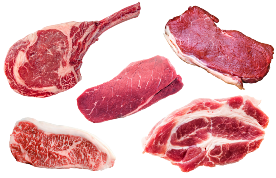 Set of various uncooked beef stake isolated