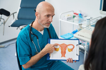 Doctor shows the patient the structure of the female system - obrazy, fototapety, plakaty