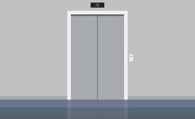 Elevator doors and close cabin entrance with buttons panel, building hallway interior no people, office vestibule, hotel dwelling lobby flat vector illustration.