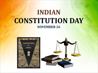 Indian Constitution Day greeting graphic with the Constitution of India cover, a stack of law books, and scales of justice. The background features the Indian tricolor, and the date November 26.