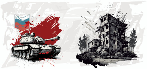 Russian tank with a flag Attack Civilians and Residential Buildings. War in Ukraine by Russian invasion. Attacking Ukraine.