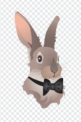 Gray rabbit in a black bow tie, symbol of 2023. Isolated vector illustration on a transparent background