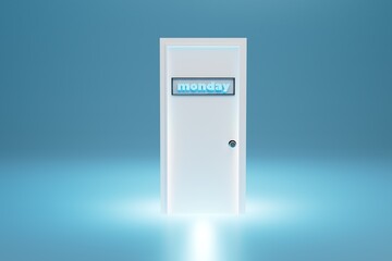 the road to a new day. a door with the inscription Monday on a turquoise background illuminated with neon. 3D render