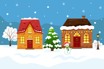 Fototapeta premium Vector funny cartoon illustration of winter urban cityscape under snow. Winter holiday decorated flat style cute houses, snowman and tree in bright colors for winter season greeting, card or poster