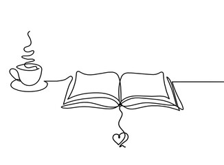 Abstract open book with heart as line drawing on white background. Vector