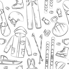 Winter sport equipment. Vector hand drawn seamless pattern illustration with snowboard, ski, helmet, sled. Background of winter sporting accessories. Mountain skiing and skating activity on holidays