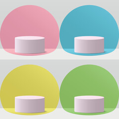 Set of white realistic 3d cylinder pedestal podium on pink, blue, yellow and green background. Vector illustration.
