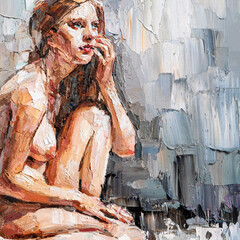 Nude attractive young woman, created in details and color nuances. Colors: white, gray, brown. Oil painting on canvas.