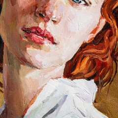 Oil painting. Fragment of  portrait of a  red-haired  girl on a gold background. The art is done in a realistic manner.