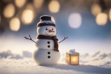 cute little snowman and little christmas present in the snow