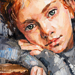 Young girl, on a gray-blue cold background. Oil peinting on canvas.