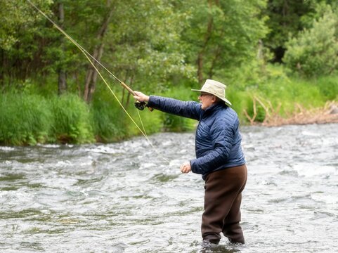Rear closeup of a man enjoying fishing on Monnow Valley Fishery blurred background