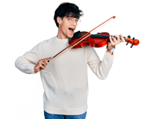 Handsome hipster young man playing violin celebrating crazy and amazed for success with open eyes screaming excited.