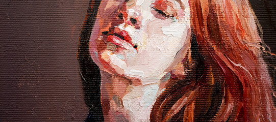 Art painting.  Fragment of portrait of a girl r is made in a classic style. Background is dark.