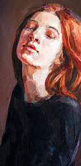 Art painting.  Fragment of portrait of a girl r is made in a classic style. Background is dark.