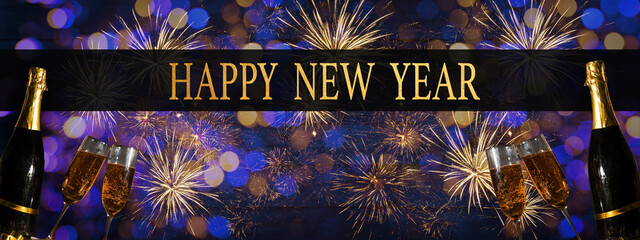 HAPPY NEW YEAR 2024 celebration holiday greeting card background banner panorama - Champagne or...