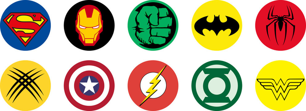 Logos of the most famous superheroes. Batman, Superman, Spider-Man, Iron Man, Wolverine, Captain America, The Hulk, The Flash. PNG image