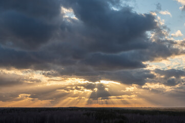 Scenic sunset over the forest with sun beams breaking through clouds