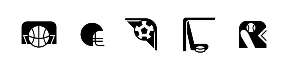 Sports pictogram and icons; basket ball, football, soccer, hockey and baseball