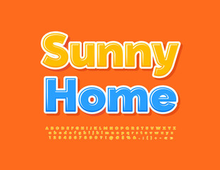 Vector modern banner Sunny Home. Glossy Yellow Font. Creative Alphabet Letters, Numbers and Symbols set