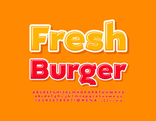 Vector advertising banner Fresh Burger. Bright Red glossy Font. Modern Alphabet Letters, Numbers and Symbols set. 