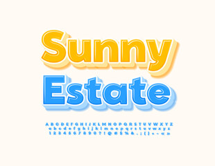 Vector bright emblem Sunny Estate Modern Blue 3D Font. Creative Alphabet Letters, Numbers and Symbols set