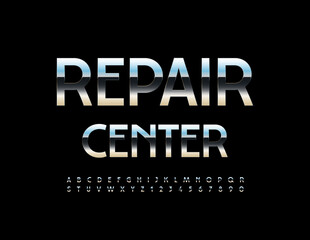 Fototapeta premium Vector industrial Banner Repair Center. Modern Steel Font. Chrome Alphabet Letters and Numbers set
