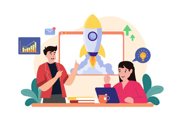 Business Startup launch by team of Entrepreneurs rocket launch flat design 