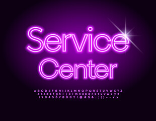Obraz premium Vector Neon emblem Service Center. Pink glowing Font. Electric Alphabet Letters and Numbers set