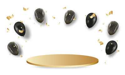 3d realistic golden podium. Scene with black balloons for product demonstration, discounts. shiny balls. Vector geometric platform.