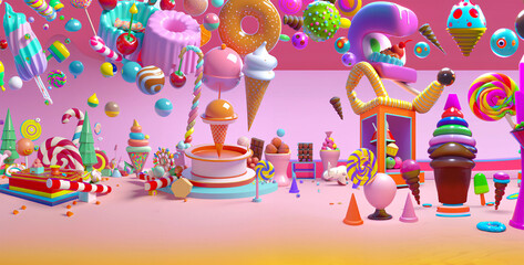 ambiente surreale su sfondo rosa con dolci di tutti i tipi, cioccolato, gelato, coni, caramelle, bon bon, lecca lecca , dolciumi - obrazy, fototapety, plakaty