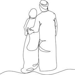 One line drawing of young happy muslim men and women walking together. Saudi Arabia fabric shmagh, candora, scarf, thobe, gutra. Continuous line drawing vector illustration