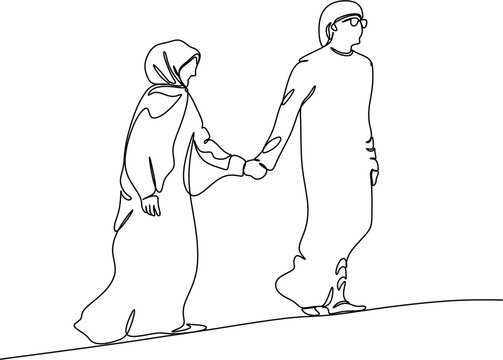 One line drawing of young happy muslim men and women walking together. Saudi Arabia fabric shmagh, candora, scarf, thobe, gutra. Continuous line drawing vector illustration