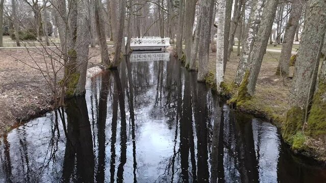 A small river with bare trees on both sides and a white bridge in the distance. Reflection of trees in flowing water. spring park (147)