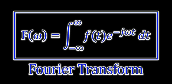 Fourier Transform Formula Definition (FT) In 3D Blue Against Black. Integral Transformation Converting The Signal Between The Time And Frequency Domain Using Harmonic Sine And Cosine Signals.