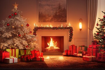 Christmas Gifts and Stockings by the fireplace. Cozy xmas evening near Christmas tree and burning fire. Generative AI.