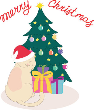 Merry Christmas greeting card with a cute cat in Santa's hat sitting near the christmas tree with various presents. Hand drawn art. Vector illustration