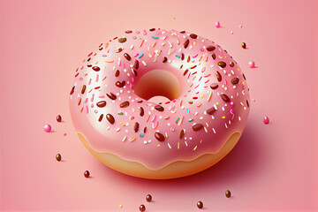Donut illustration with pink icing and sugar sprinkles and chocolate decoration on rose colored background