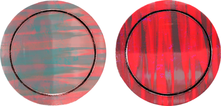concept photo to show the danger of online cryptocurrency, macro photo of red plastic bank coin with digital glitch texture.