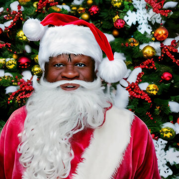 AI-generated illustration of black male African American man with white beard in Santa Claus costume standing in front of decorated Christmas tree. 3D digital art image (not a real person)
