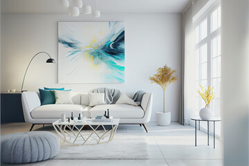 midjourney generated illustration of a not real existing white modern living room interior