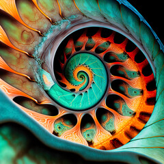 vortex, spiral, close-up fractale, close-up imaginary fibonacci, nautilus, colorful, illustration, digital, turquoise, teal, orange, green, illustration, generative AI
