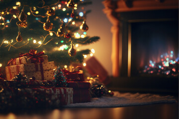 Christmas presents under a Christmas tree in front of an open fire. 