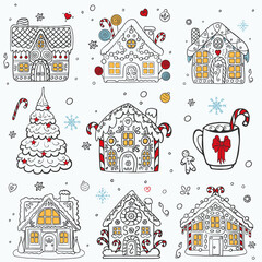 Christmas gingerbread houses with a fir tree and a cup of cocoa with marshmallows in doodle style.