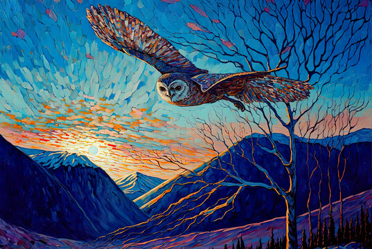 owl flying in a winter cold sunset, owl with mountain in background, snowy winter landscape with owl, illustration, generative ai
