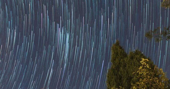 Stars move around a polar star. Time-lapse of Star trails in the night sky. 4K
